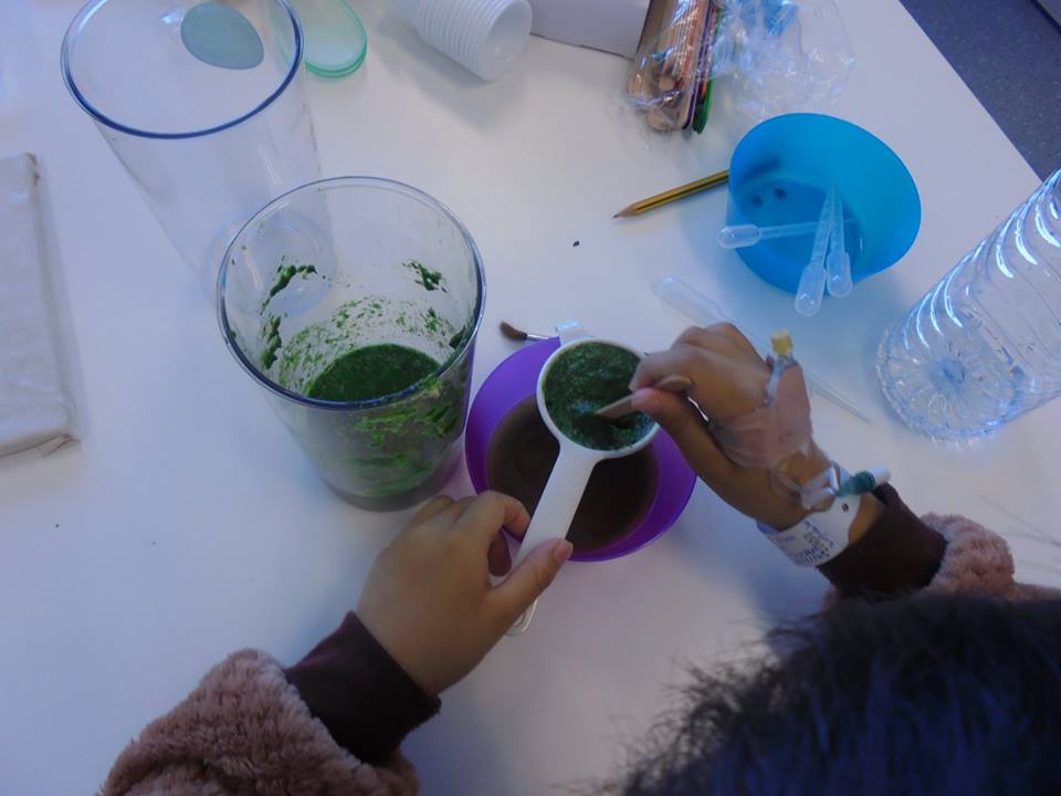 Mãos de aluna a coar pasta vegetal verde