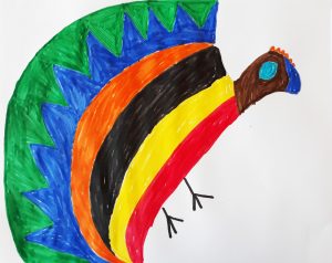 Desenho de uma aluna: uma espécie de ave sem asas de várias cores como um arco-íris.