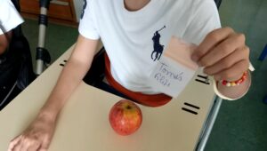 Um aluno mostra a sua maçã e fala sobre ela.