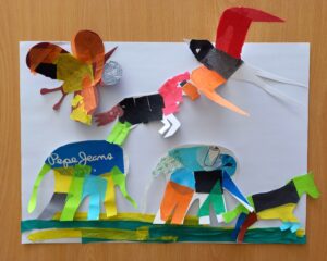Outro trabalho de grupo final: uma borboleta, dois cavalos, uma andorinha-do-ártico e dois elefantes bastante coloridos.