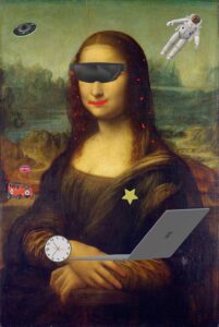 A pintura de Leonard da Vinci, Mona Lisa , trabalhada no Paint 3D com inserção de elementos anacrónicos: óculos de RV, OVNI e um astronauta no céu, um carro e um camião no caminho da paisagem, um pin na lapela do lenço, um relógio de pulso digital e um portátil.