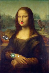 A pintura de Mona Lisa com alguns anacronismos elaborados no Paint 3D: lábios pintados, relógio de pulso, carro e um dinossauro na paisagem.