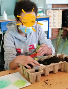 Uma aluna a plantar e a decorar o seu canteiro.