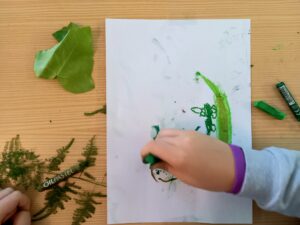 Um aluno a pintar com lápis de cera os verdes das suas folhas.