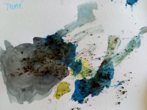 Pintura em aguarela e especiarias feita por um aluno que representa as emoções sentidas com a observação da obra de Turner.