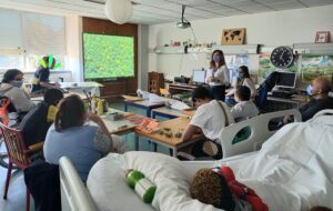 Uma visão panorâmica da sala: a mediadora cultural explica aos alunos as características das plantas com a ajuda do quadro interativo.