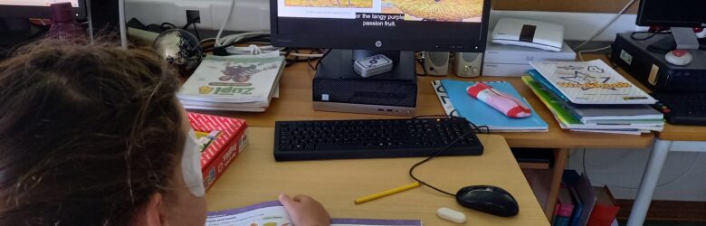 Uma aluna visiona o vídeo da história de Eilleen Browne, enquanto à sua frente se encontra o manual com os conteúdos letivos sobre alimentação.
