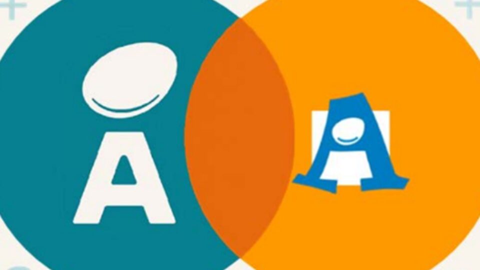 Dois circulos (azul e laranja) sobrepostos ao centro com letra A vagamente antropomórifca